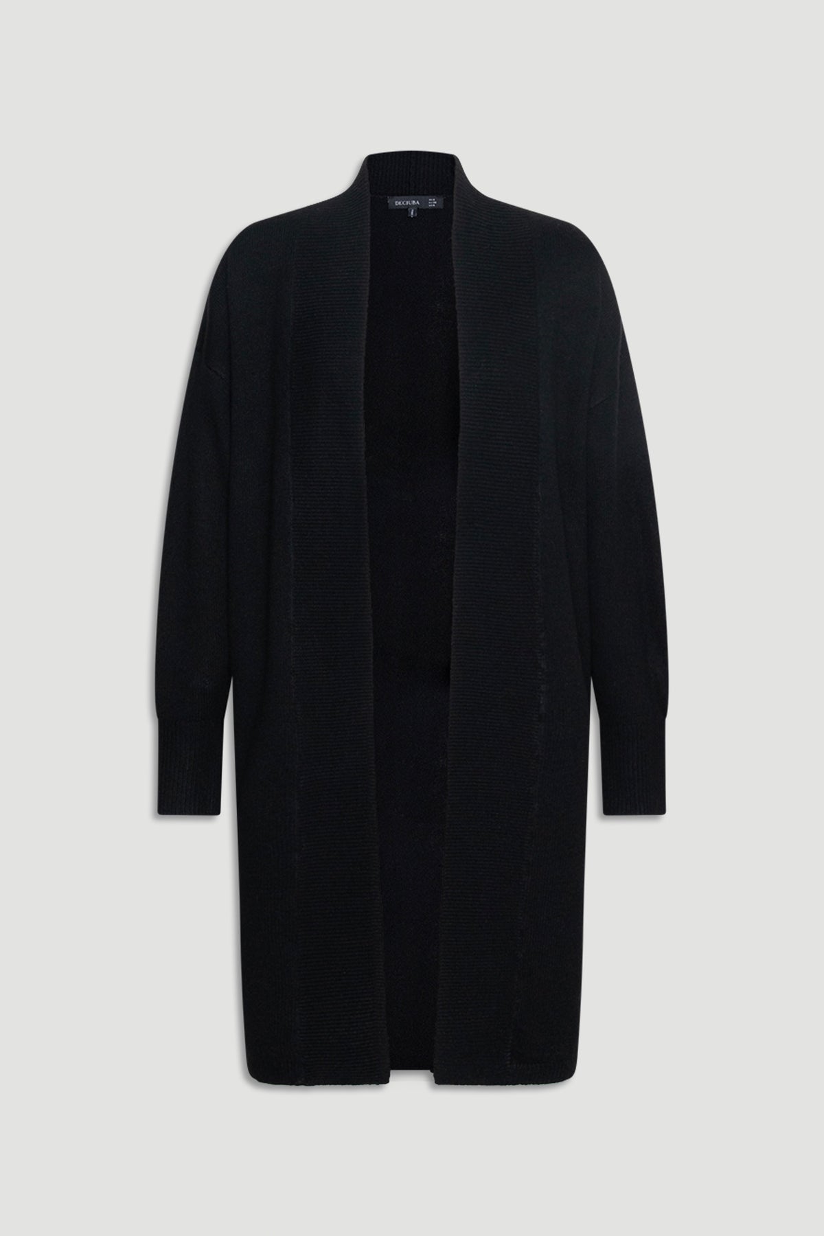 Black longline cardigan with an open front and relaxed fit, designed for versatile everyday layering and comfort.