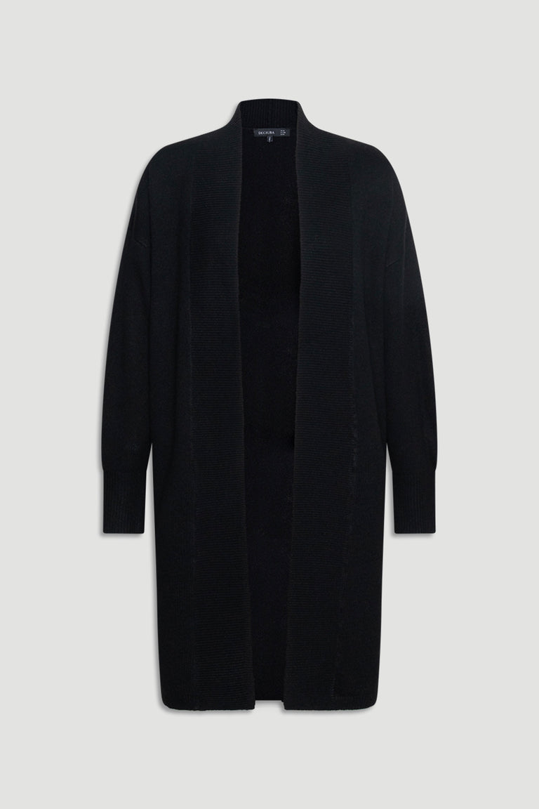 Black longline cardigan with an open front and relaxed fit, designed for versatile everyday layering and comfort.