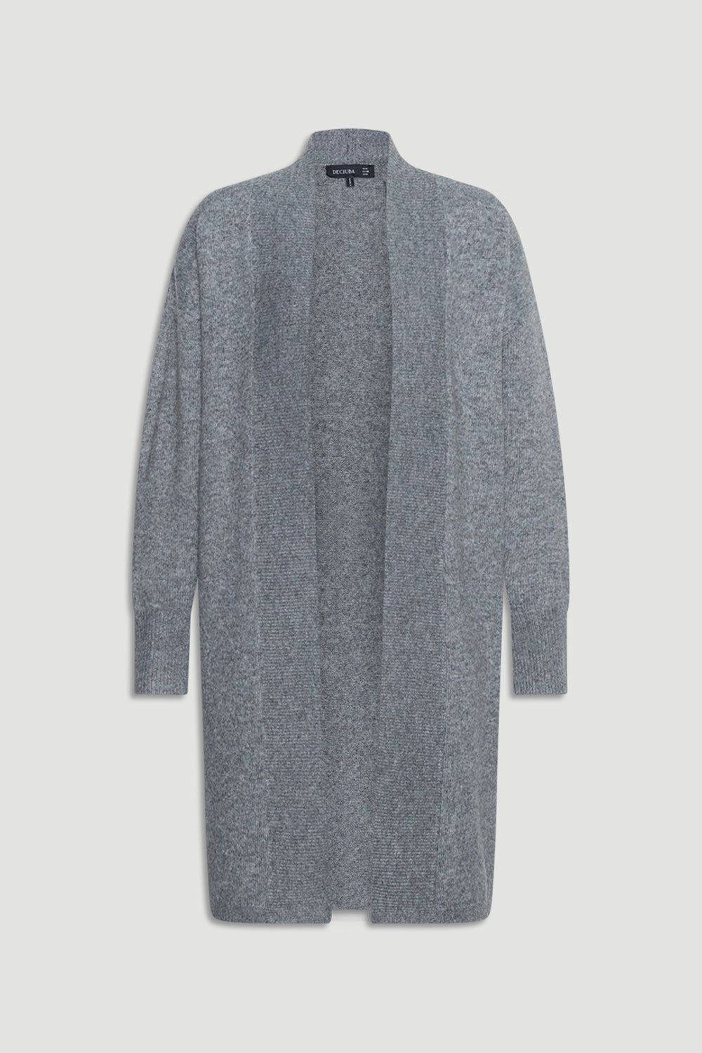 Soft mid-grey knit longline cardigan with open front and cozy, relaxed fit for layering in cooler weather