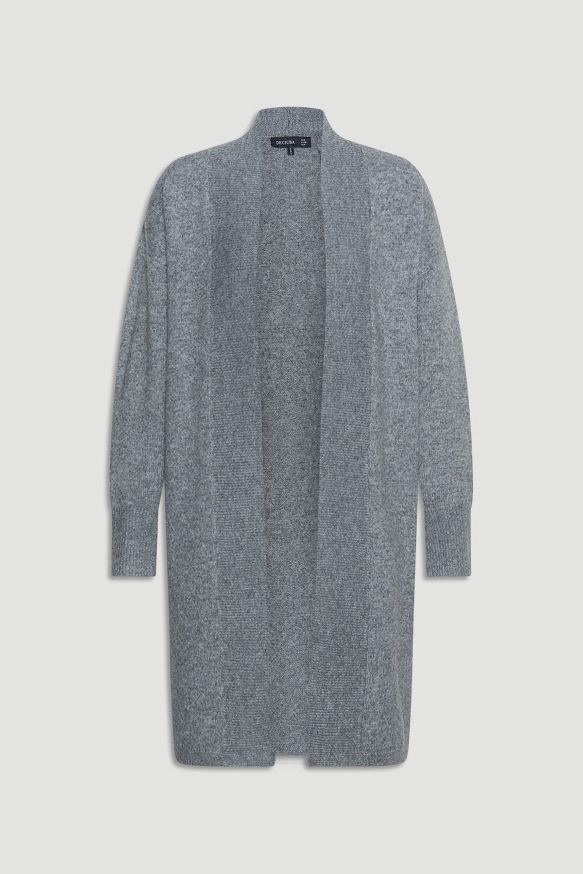 Soft mid-grey knit longline cardigan with open front and cozy, relaxed fit for layering in cooler weather