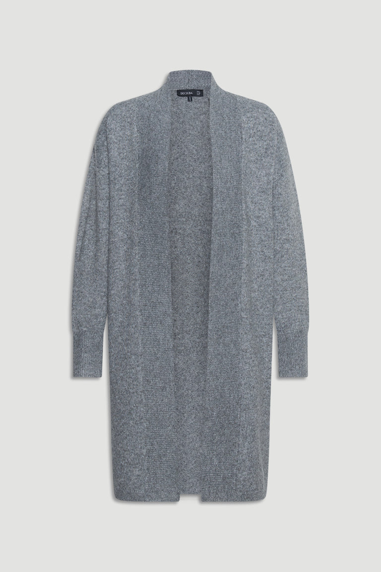 Soft mid-grey knit longline cardigan with open front and cozy, relaxed fit for layering in cooler weather