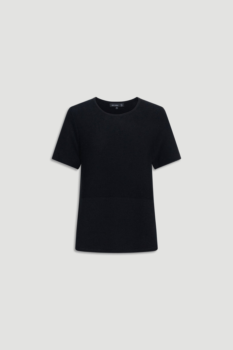 Black knitted short sleeve top with a classic round neckline for a versatile everyday knitwear option
