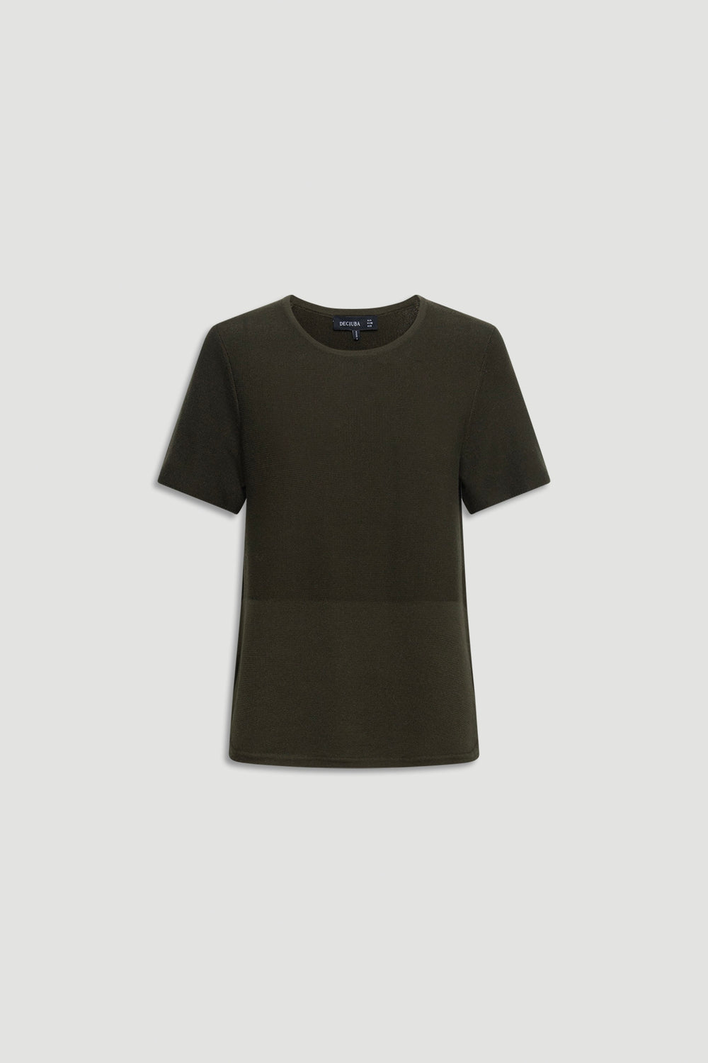 Forest green short-sleeve knit top with a simple round neckline and a smooth, fitted silhouette.