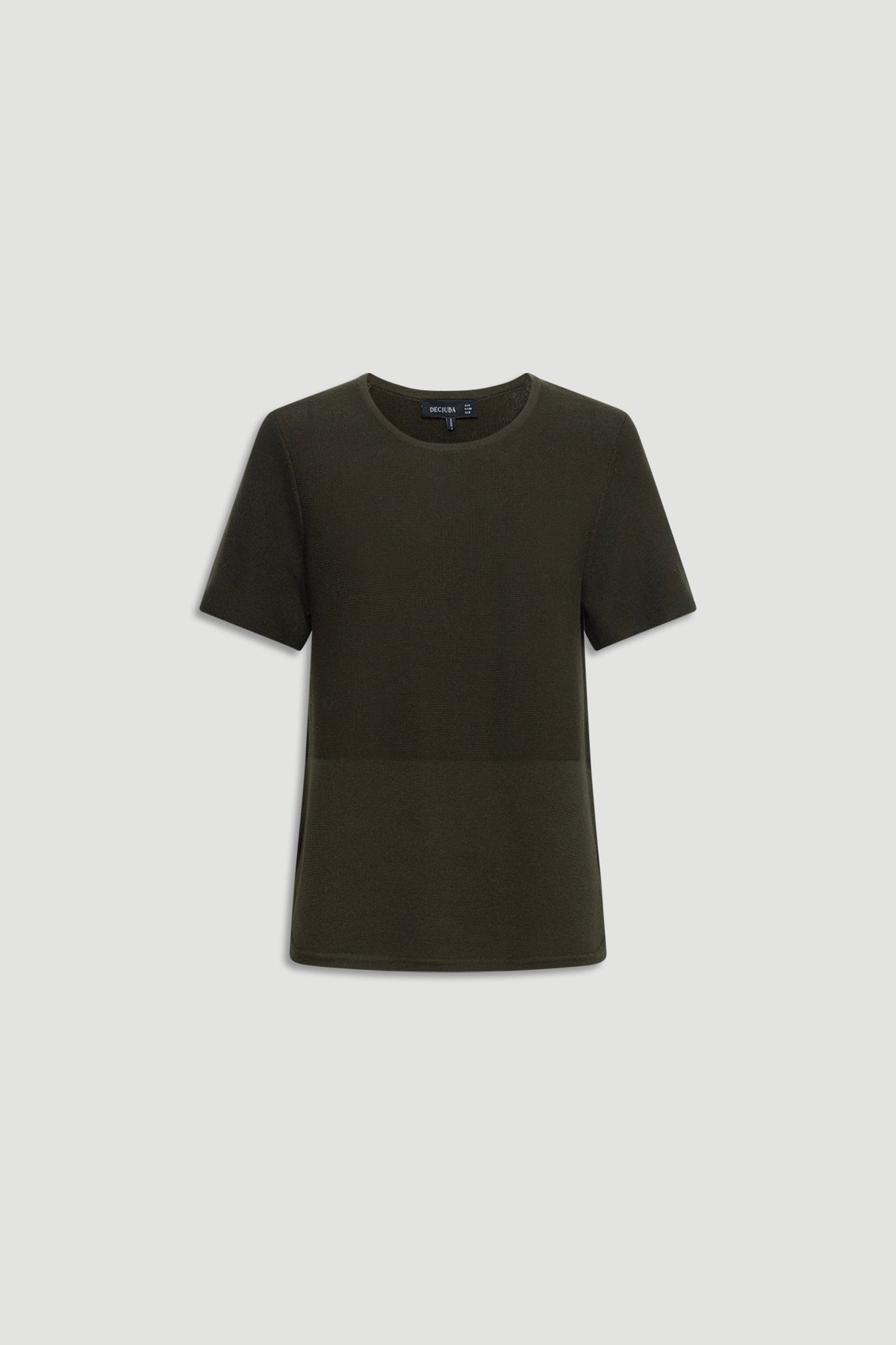 Forest green short-sleeve knit top with a simple round neckline and a smooth, fitted silhouette.