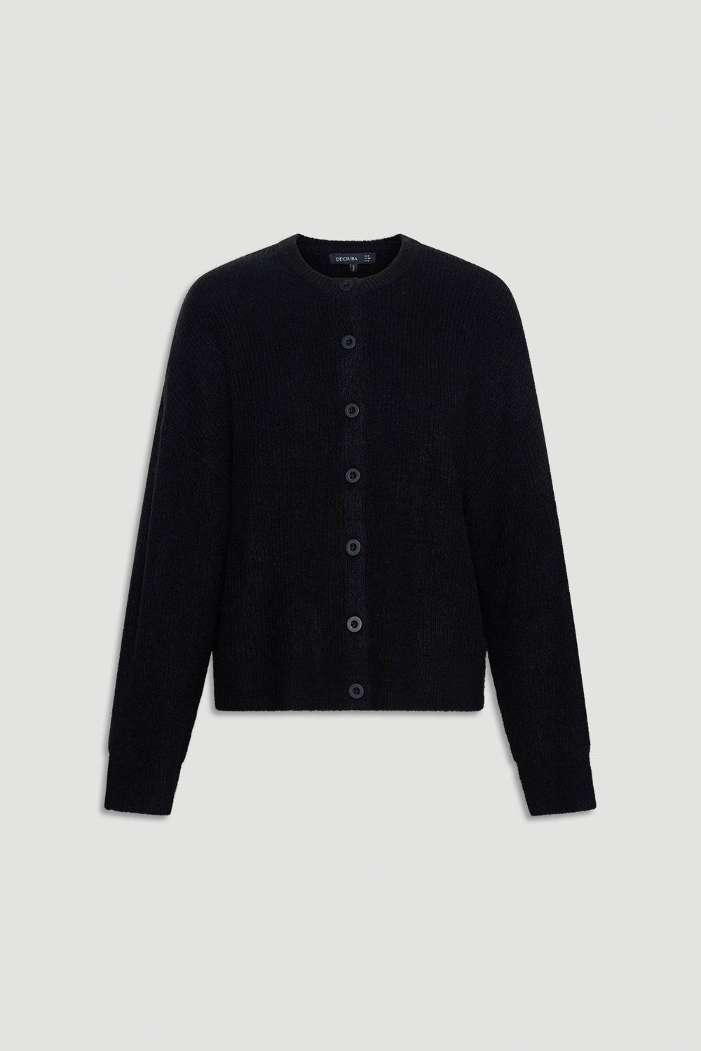 Black button-up knit cardigan with a soft texture, designed for versatile and comfortable layering.