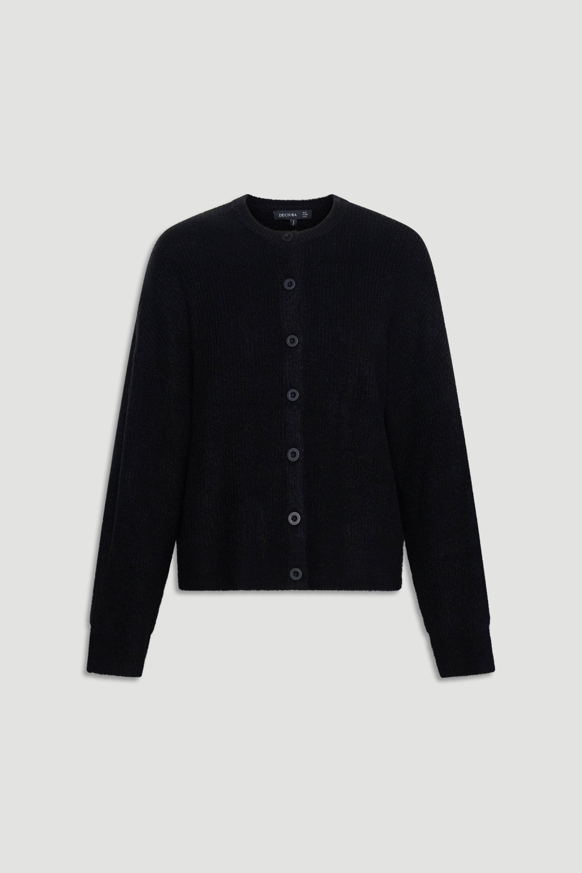 Black button-up knit cardigan with a soft texture, designed for versatile and comfortable layering.