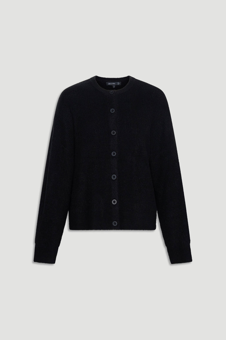Black button-up knit cardigan with a soft texture, designed for versatile and comfortable layering.