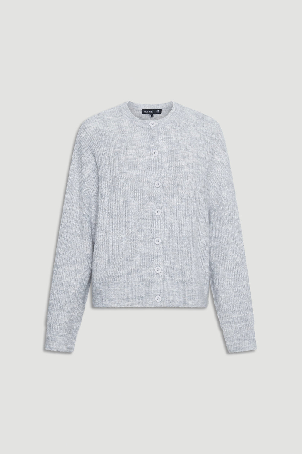 Soft light grey knit cardigan with a classic crew neck and button front, perfect for layering casual outfits.