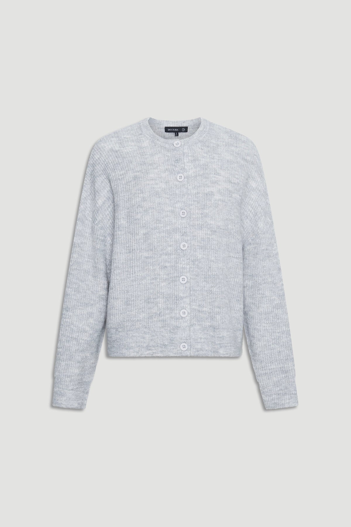 Soft light grey knit cardigan with a classic crew neck and button front, perfect for layering casual outfits.