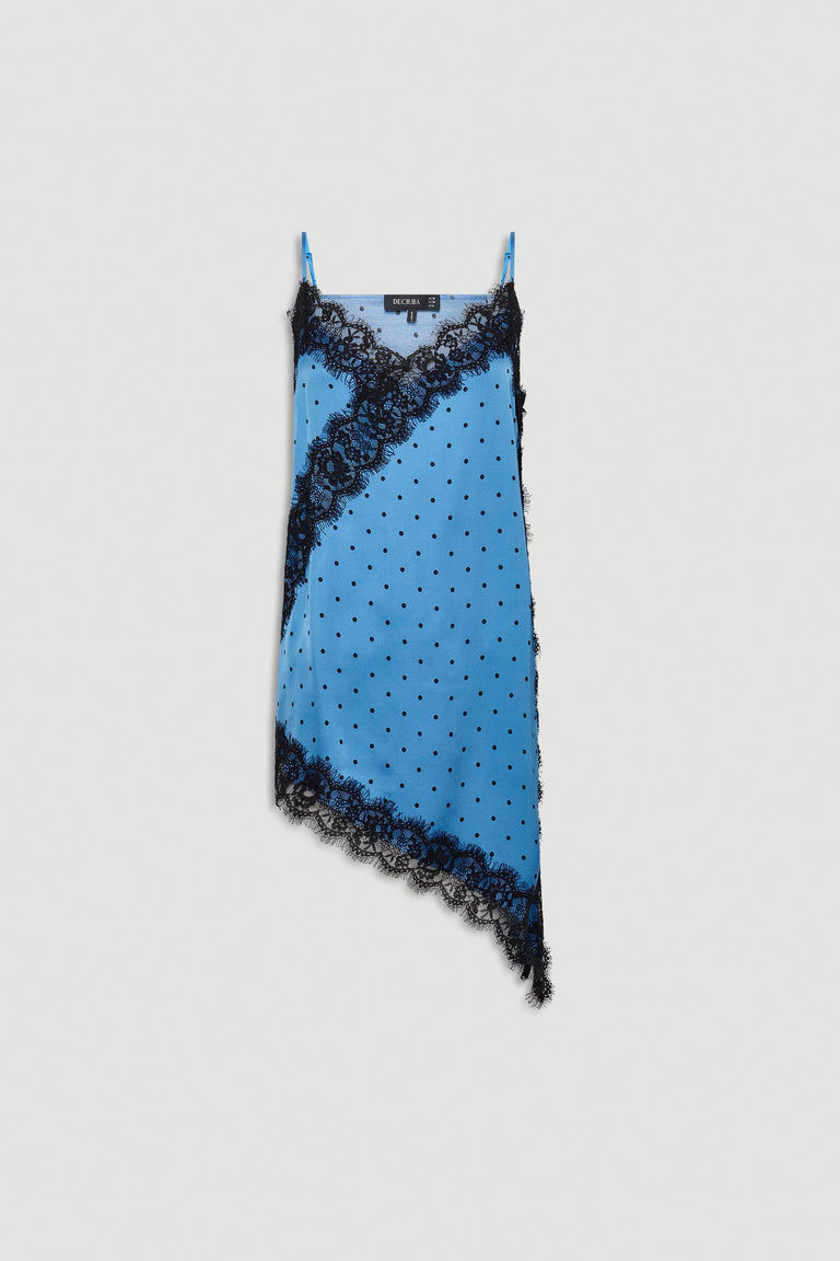 Blue slip tunic with black lace trim and polka dot pattern featuring an asymmetrical hem and thin straps.