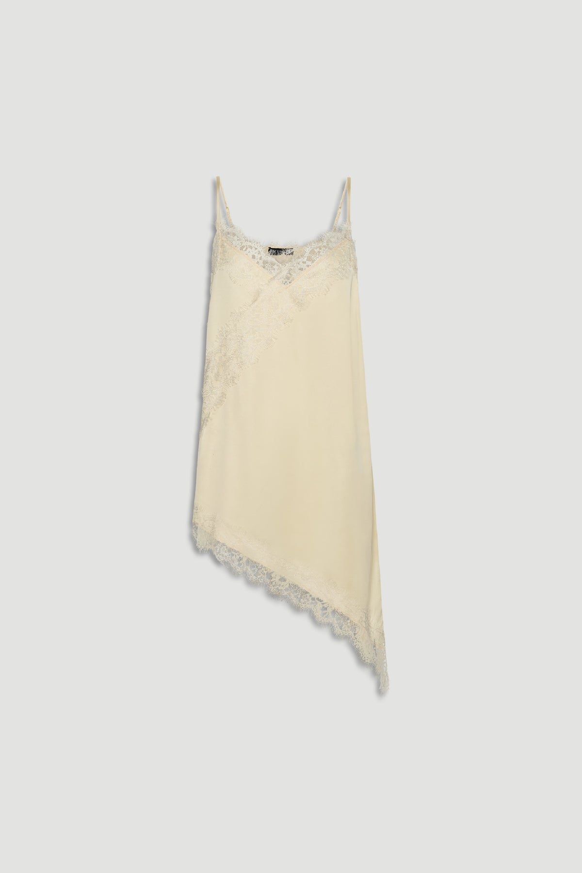 Karla Lace Tunic in soft cream featuring delicate lace trim and an asymmetric hem, made from 100% viscose and nylon by DECJUBA Australian brand