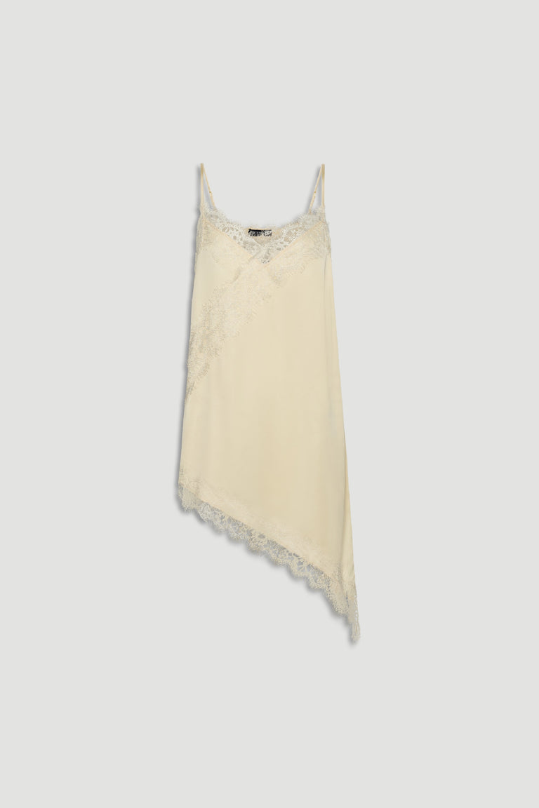 Karla Lace Tunic in soft cream featuring delicate lace trim and an asymmetric hem, made from 100% viscose and nylon by DECJUBA Australian brand