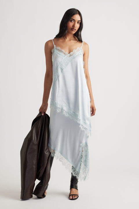 Karla Lace Tunic in pale blue satin with asymmetric hem and lace details styled with black boots by DECJUBA Australian fashion brand