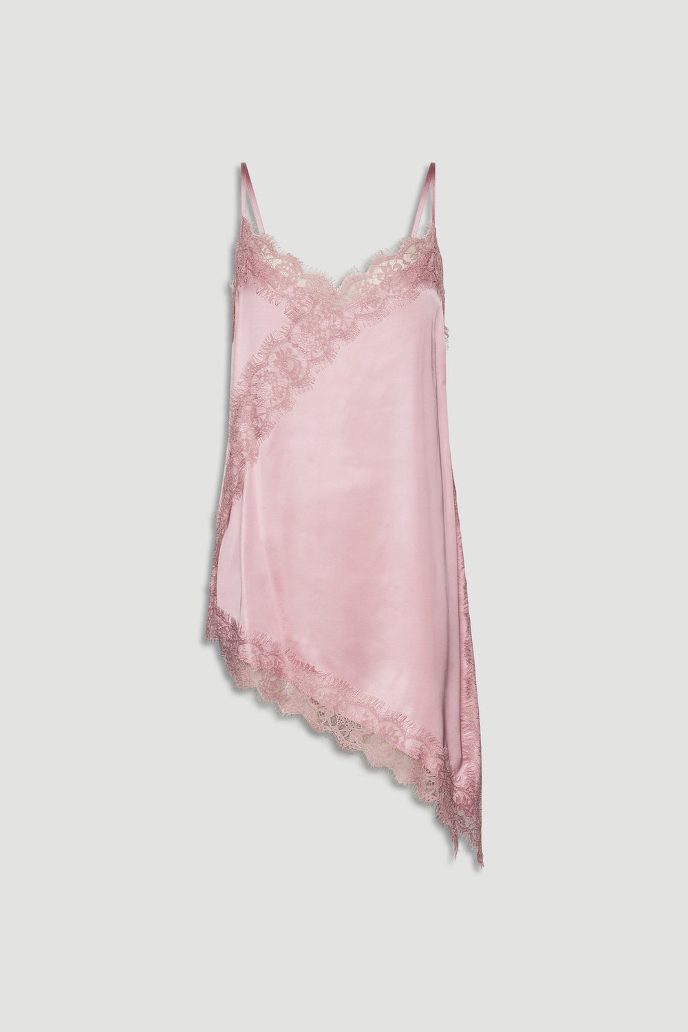 Soft pink lace-trimmed tunic with delicate scalloped edges and an asymmetric hem for a feminine touch