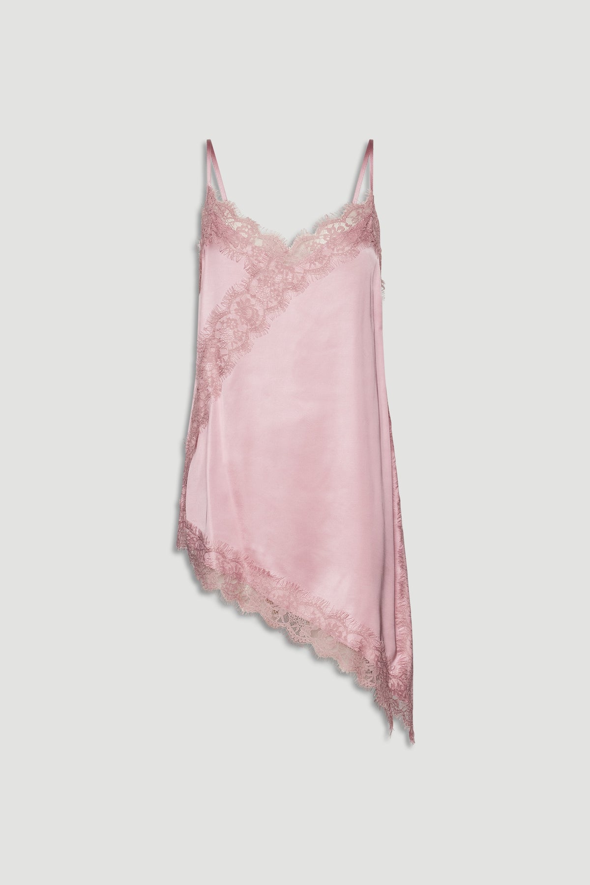 Soft pink lace-trimmed tunic with delicate scalloped edges and an asymmetric hem for a feminine touch