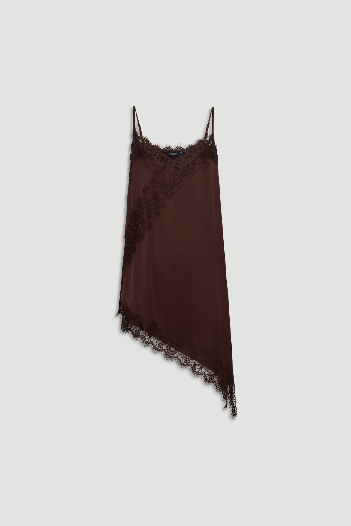 Asymmetrical brown Karla Lace Tunic with delicate lace trim neckline and hem by DECJUBA Australian fashion brand