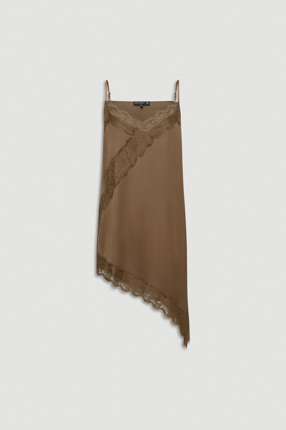 Brown lace-trimmed tunic with V-neck, thin adjustable straps, relaxed fit, and asymmetric hem on plain background