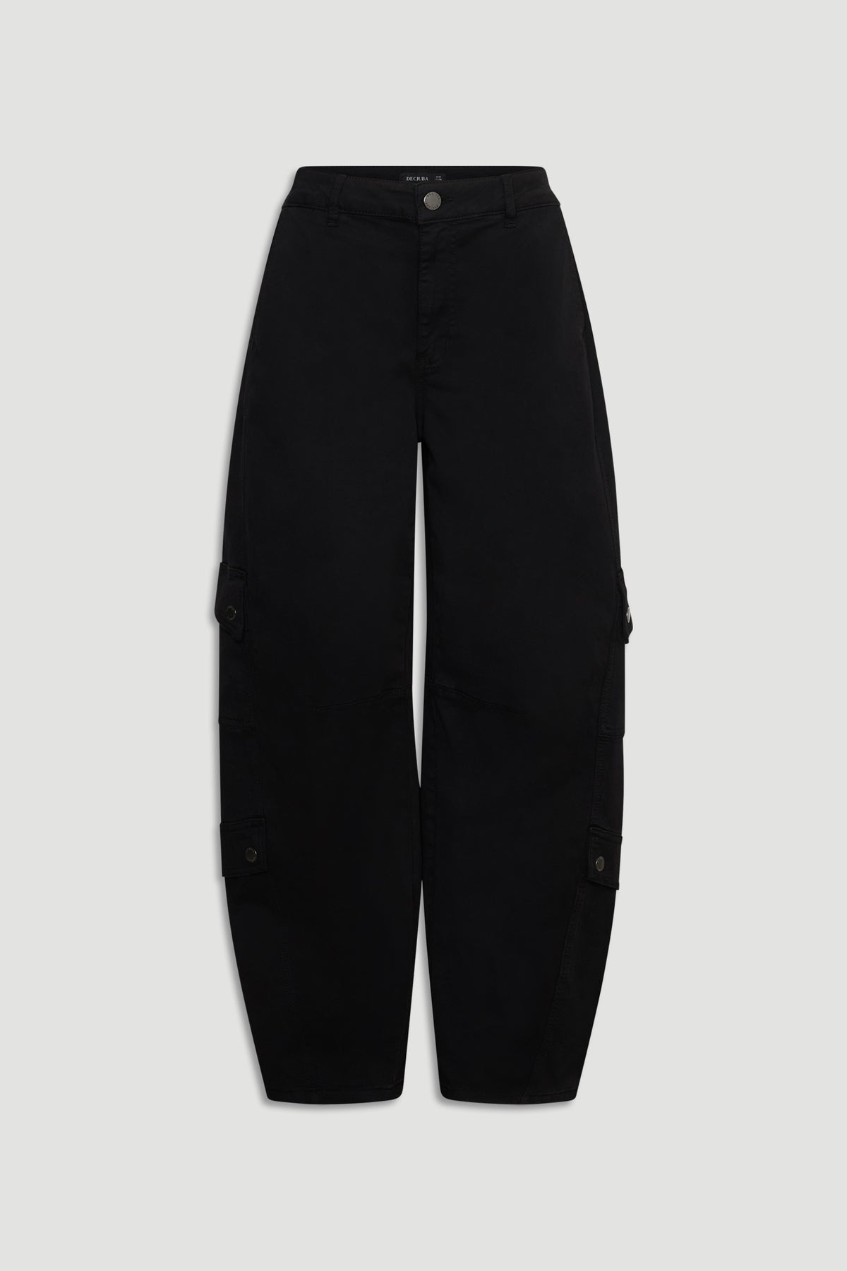 Alexa Barrel Cargo Pant in black with a wide-leg cut and buttoned cargo pockets by DECJUBA Australian fashion brand