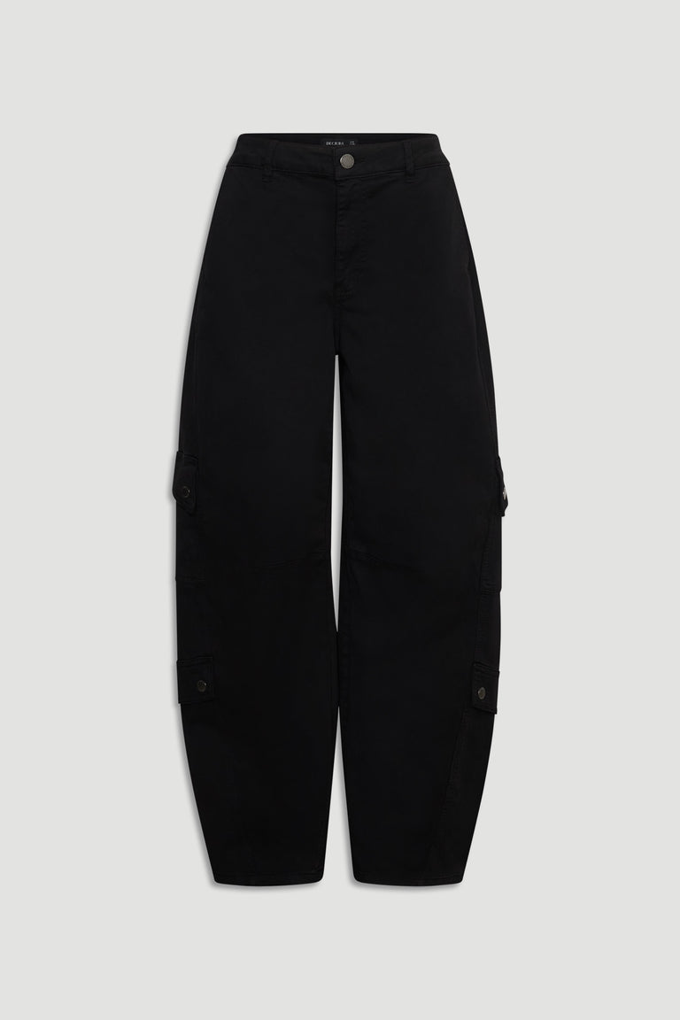 Alexa Barrel Cargo Pant in black with a wide-leg cut and buttoned cargo pockets by DECJUBA Australian fashion brand