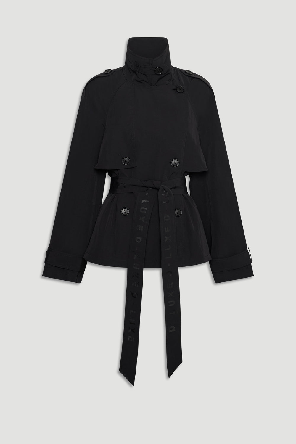Black D-Luxe Nylon Cropped Trench with button details, high collar, and branded waist tie for sleek, versatile layering.