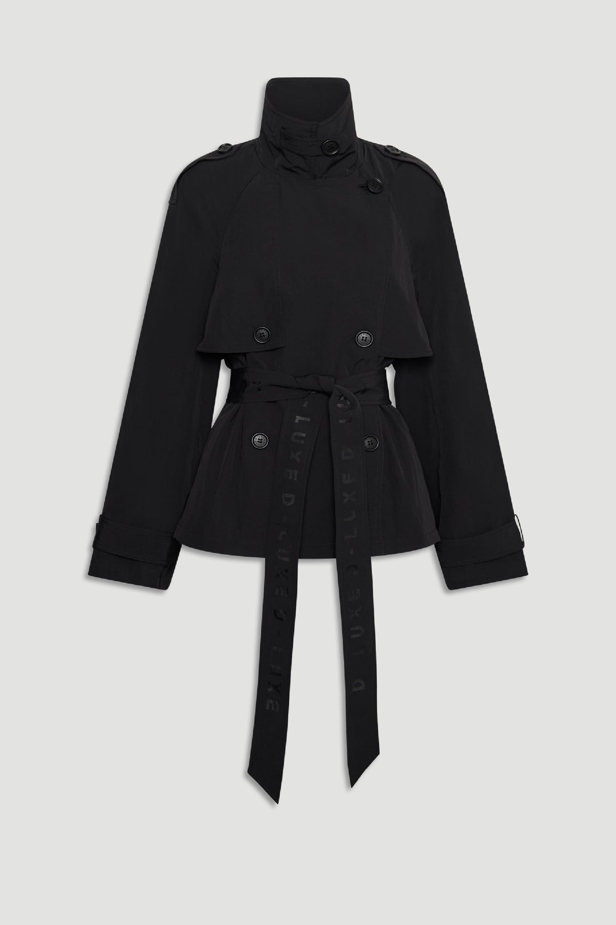 Black D-Luxe Nylon Cropped Trench with button details, high collar, and branded waist tie for sleek, versatile layering.