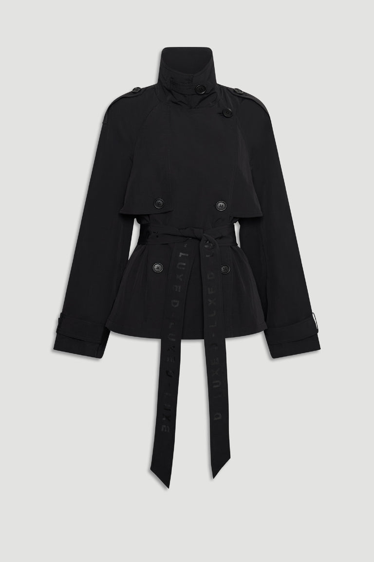 Black D-Luxe Nylon Cropped Trench with button details, high collar, and branded waist tie for sleek, versatile layering.