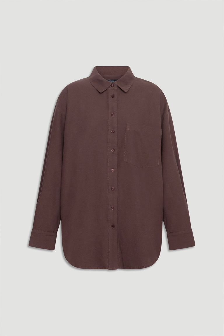 Oversized oxford shirt in muted brown with classic collar, front buttons, chest pocket, and long cuffed sleeves