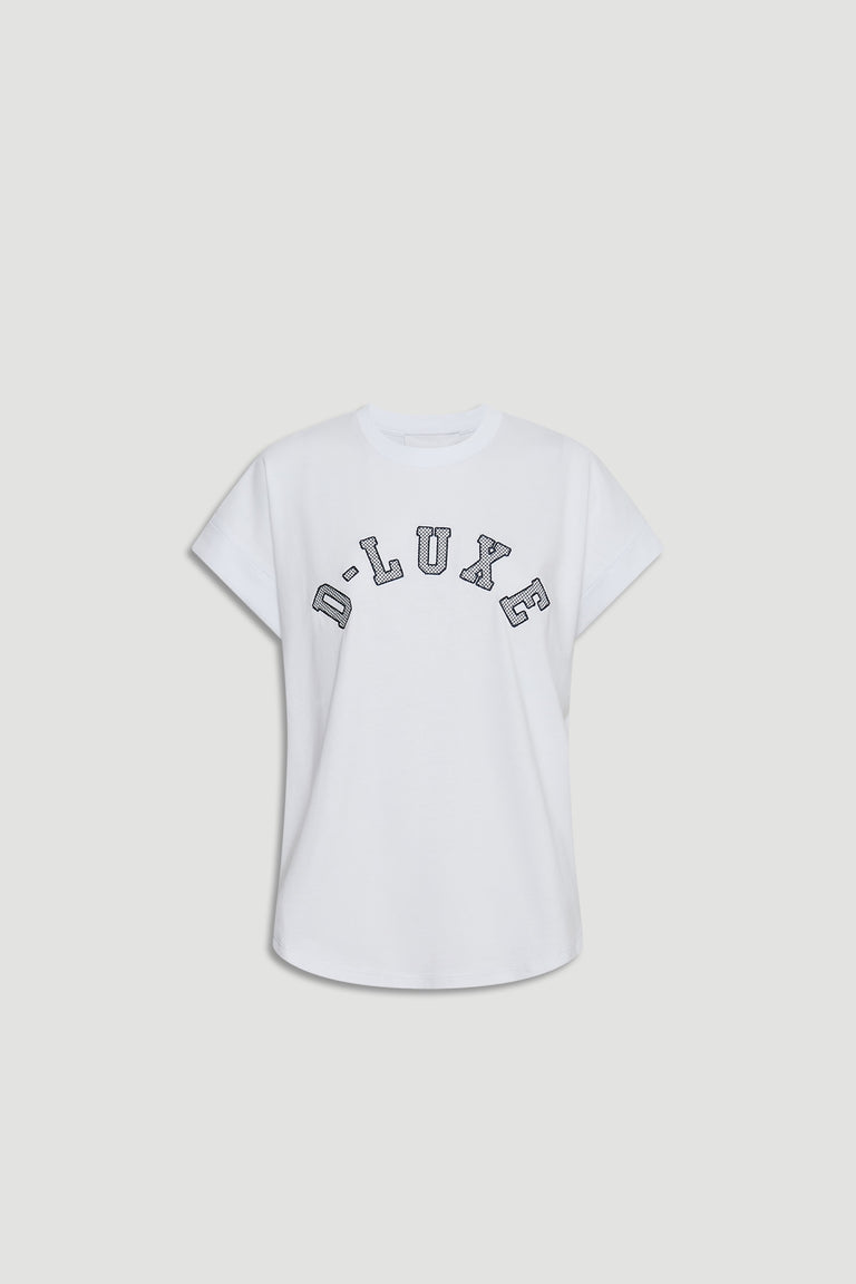 White D-Luxe crew neck tee with short sleeves curved hem and arched branded lettering