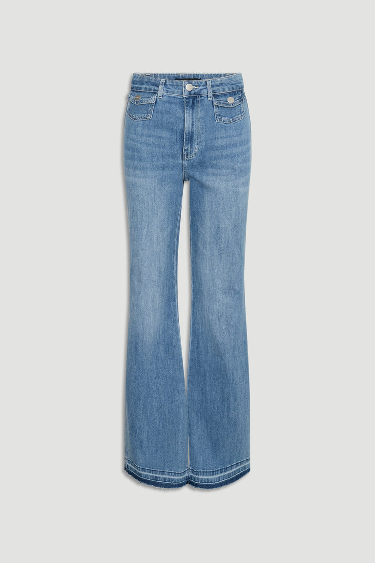Bea Flare Jean in medium-wash denim with high waist and subtly flared leg by DECJUBA Australian fashion brand