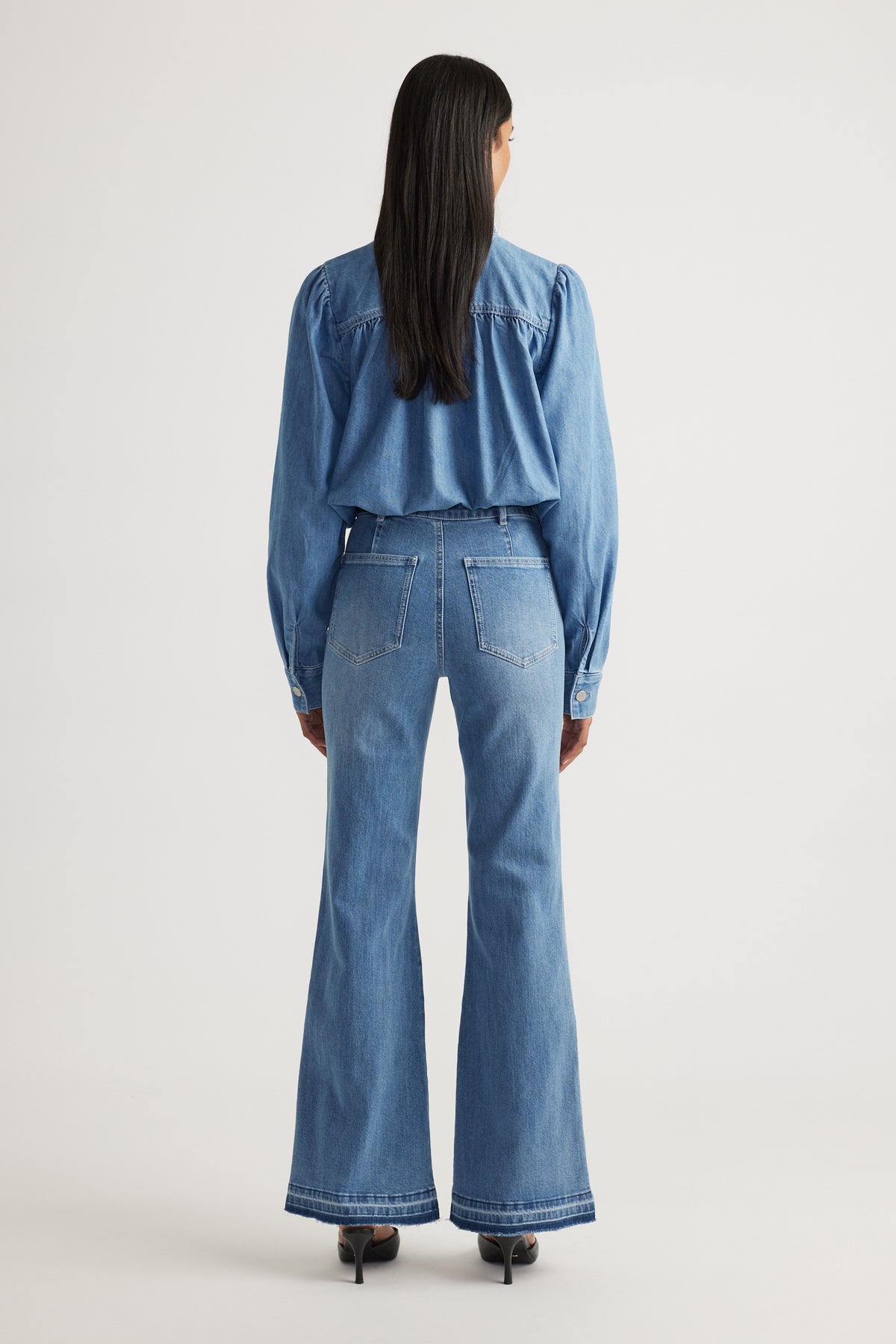 Bea Flare Jean in classic blue denim with high waist and subtly flared leg by DECJUBA Australian fashion brand
