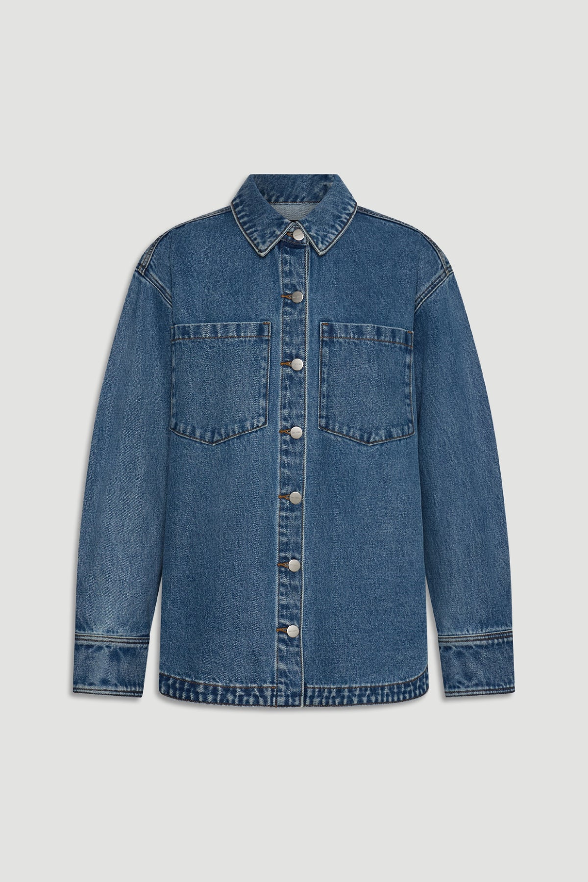 Ariana Denim Shirt in classic mid-blue with metallic buttons and dual chest pockets by DECJUBA Australian fashion brand