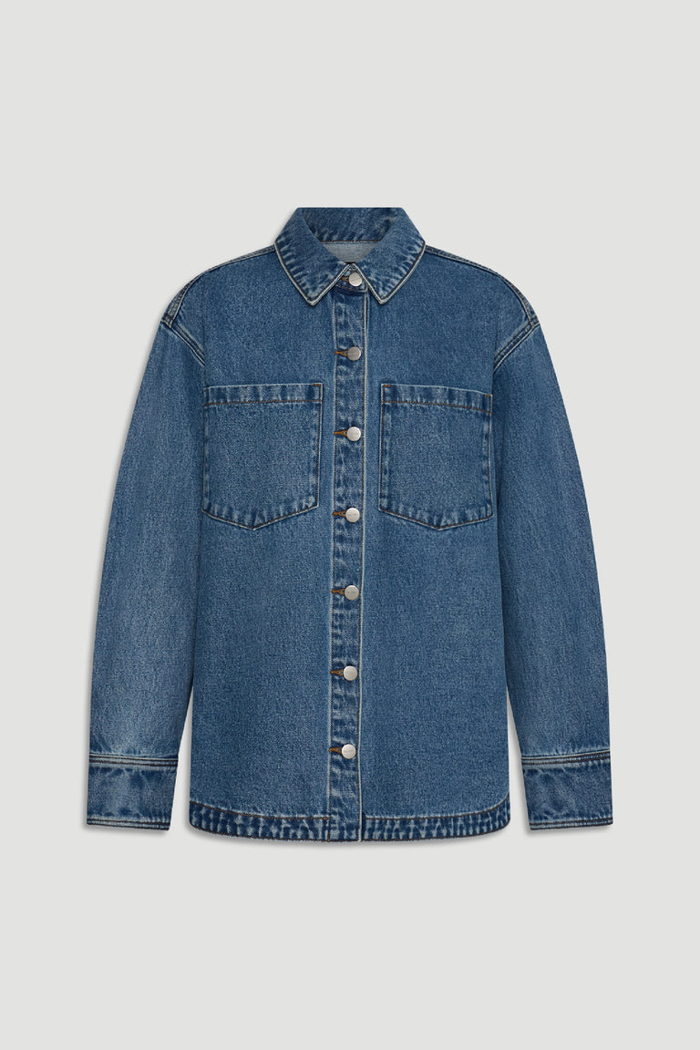 Ariana Denim Shirt in classic mid-blue with metallic buttons and dual chest pockets by DECJUBA Australian fashion brand