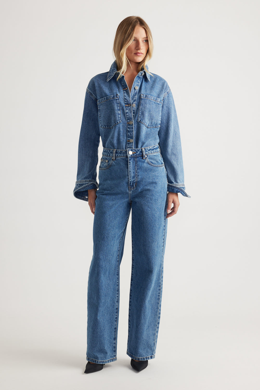 Ariana Denim Shirt in classic blue wash with oversized chest pockets and relaxed fit by DECJUBA Australian fashion brand