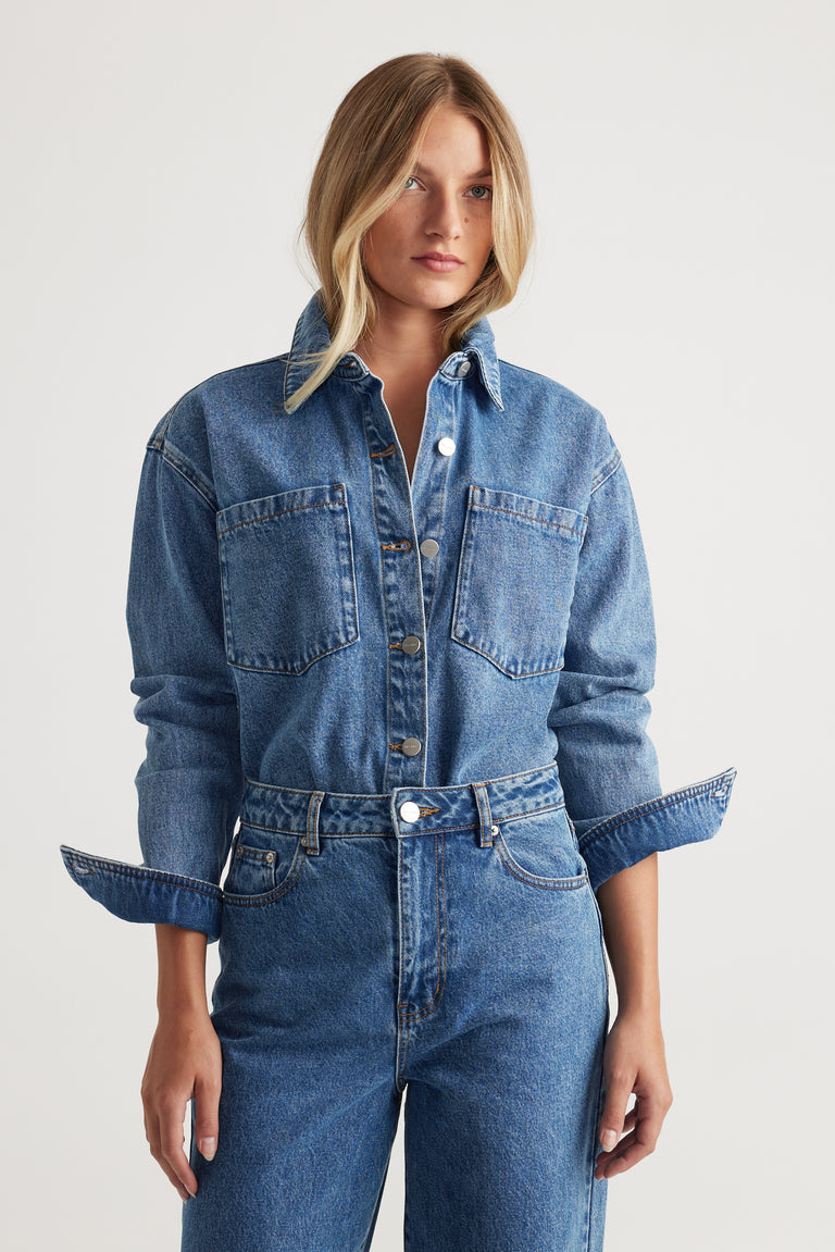 Ariana Denim Shirt in classic mid-blue wash with button front and chest pockets by DECJUBA Australian fashion brand