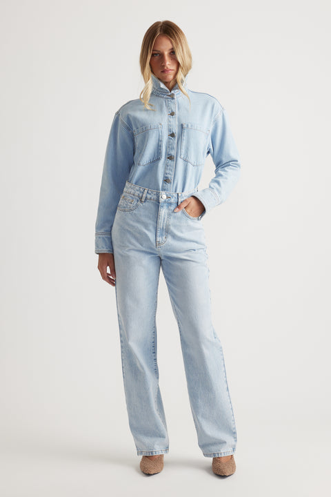Ariana Denim Shirt in soft light blue with patch pockets and high collar by DECJUBA Australian fashion brand