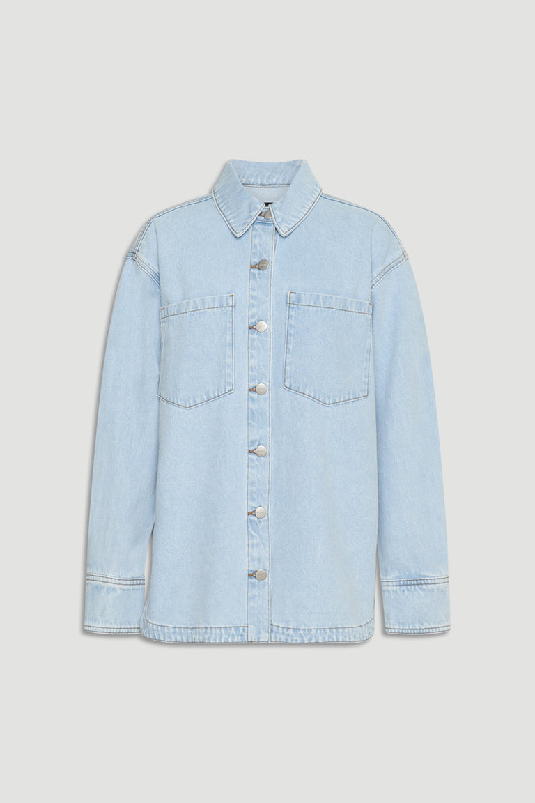 Ariana Denim Shirt in light blue wash with front button closure and patch pockets by DECJUBA Australian fashion brand