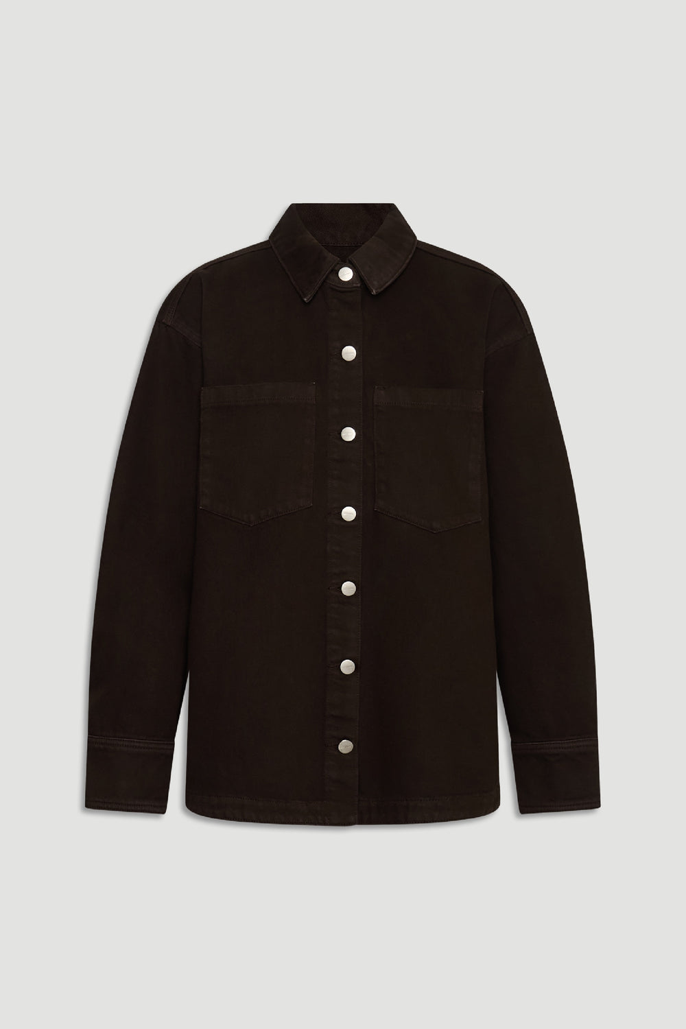 Ariana Denim Shirt in deep brown with silver snap buttons and chest pockets by DECJUBA Australian fashion brand