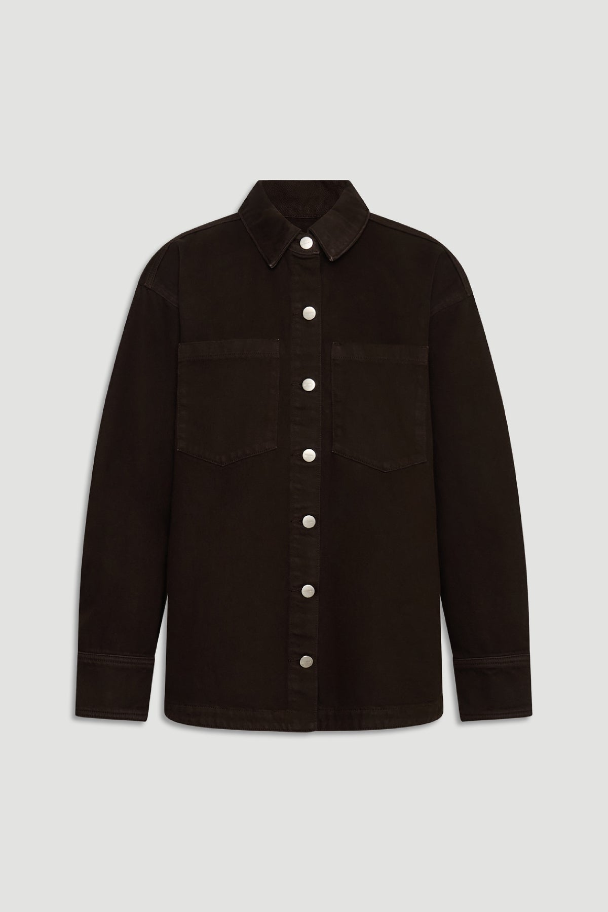 Ariana Denim Shirt in deep brown with silver snap buttons and chest pockets by DECJUBA Australian fashion brand