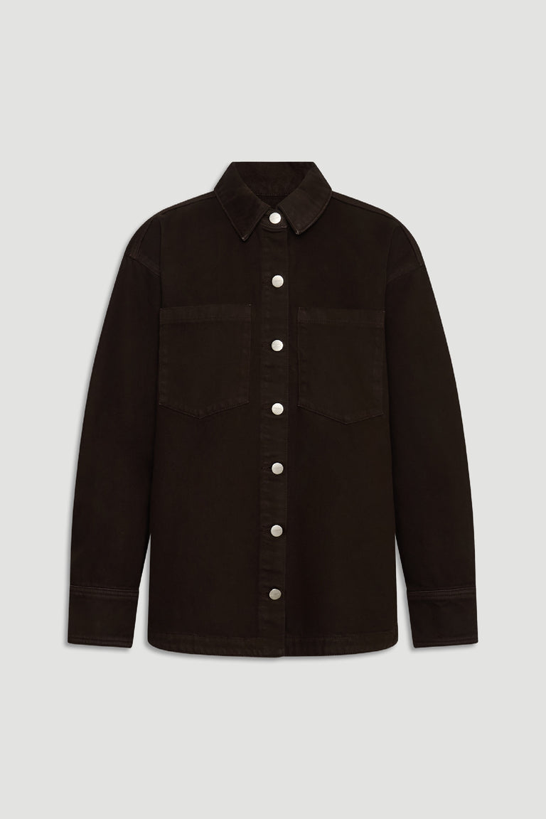 Ariana Denim Shirt in deep brown with silver snap buttons and chest pockets by DECJUBA Australian fashion brand