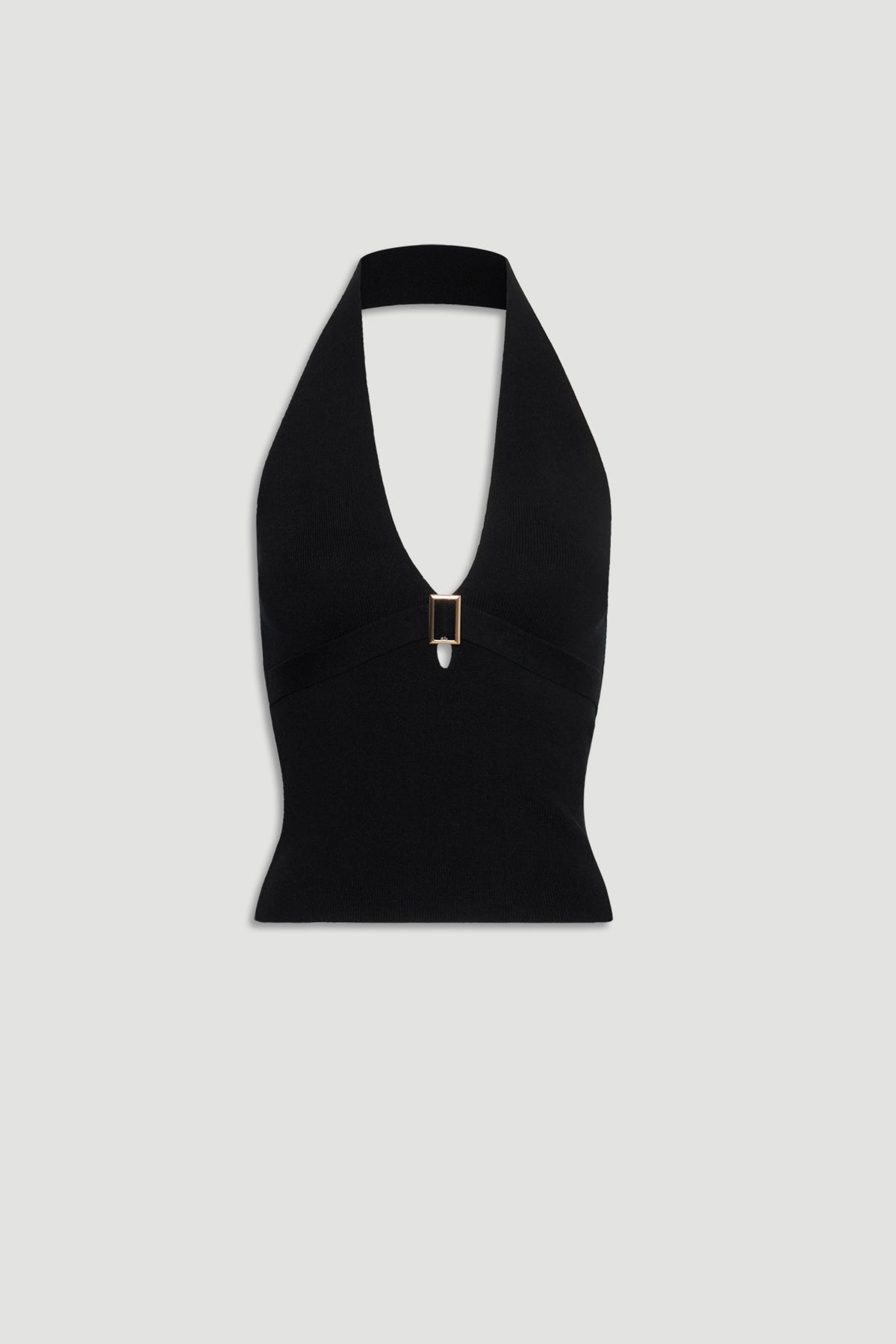 Black halter neck top with deep V neckline and gold-toned metal detail accent for a sleek, modern look.