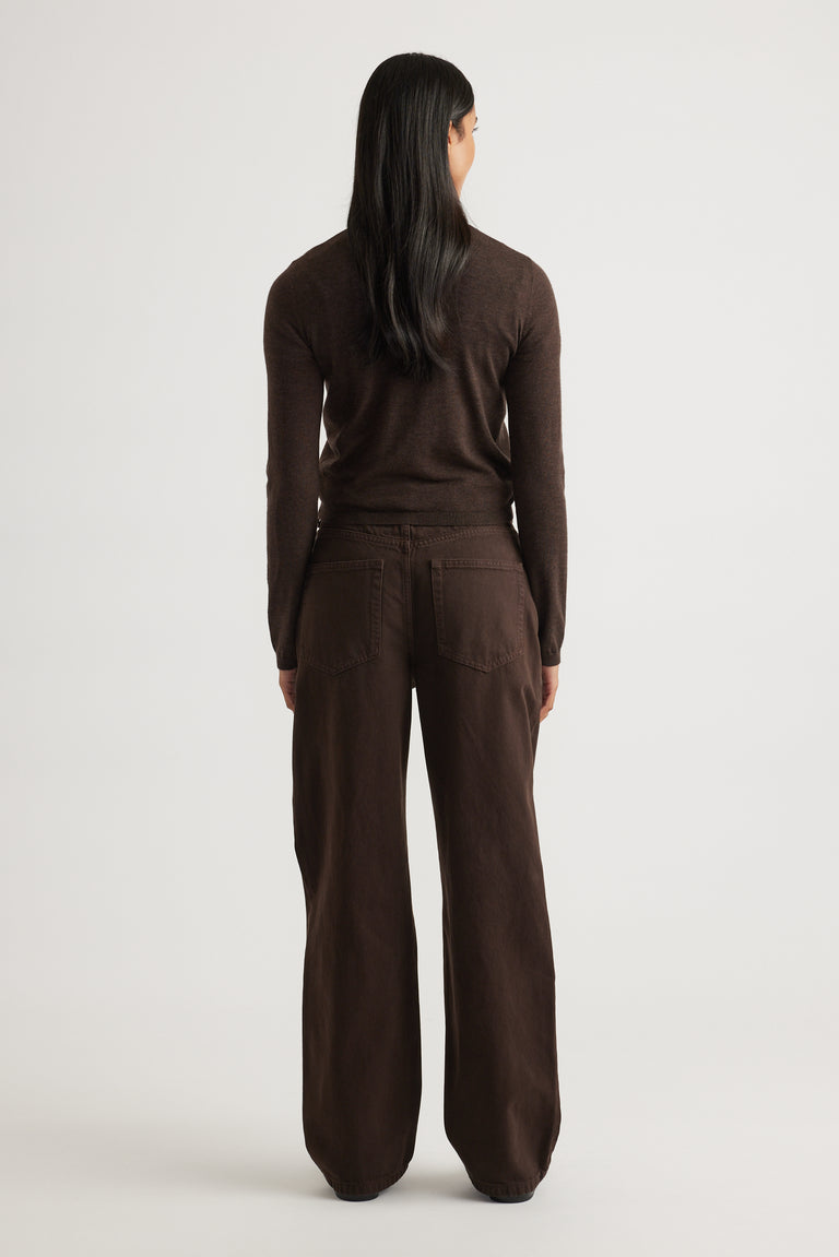 Woman wearing Bella Button Through Cardigan in rich chocolate brown, styled with matching wide-leg pants by DECJUBA.