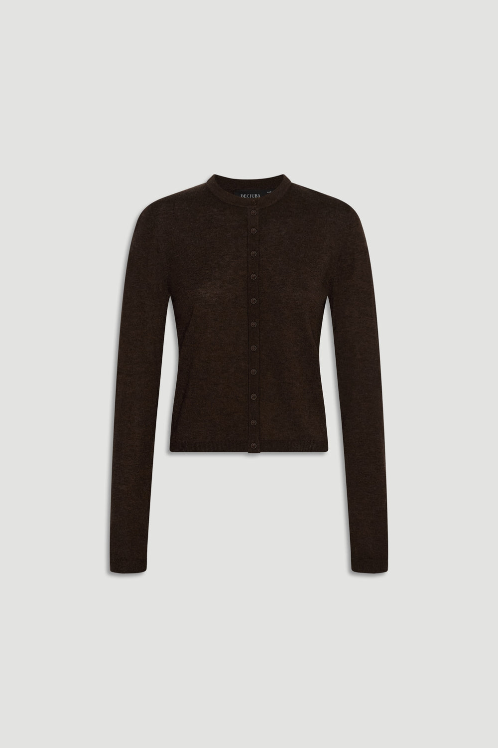 Bella Button Through Cardigan in rich chocolate brown with long sleeves and a classic round neckline by DECJUBA.