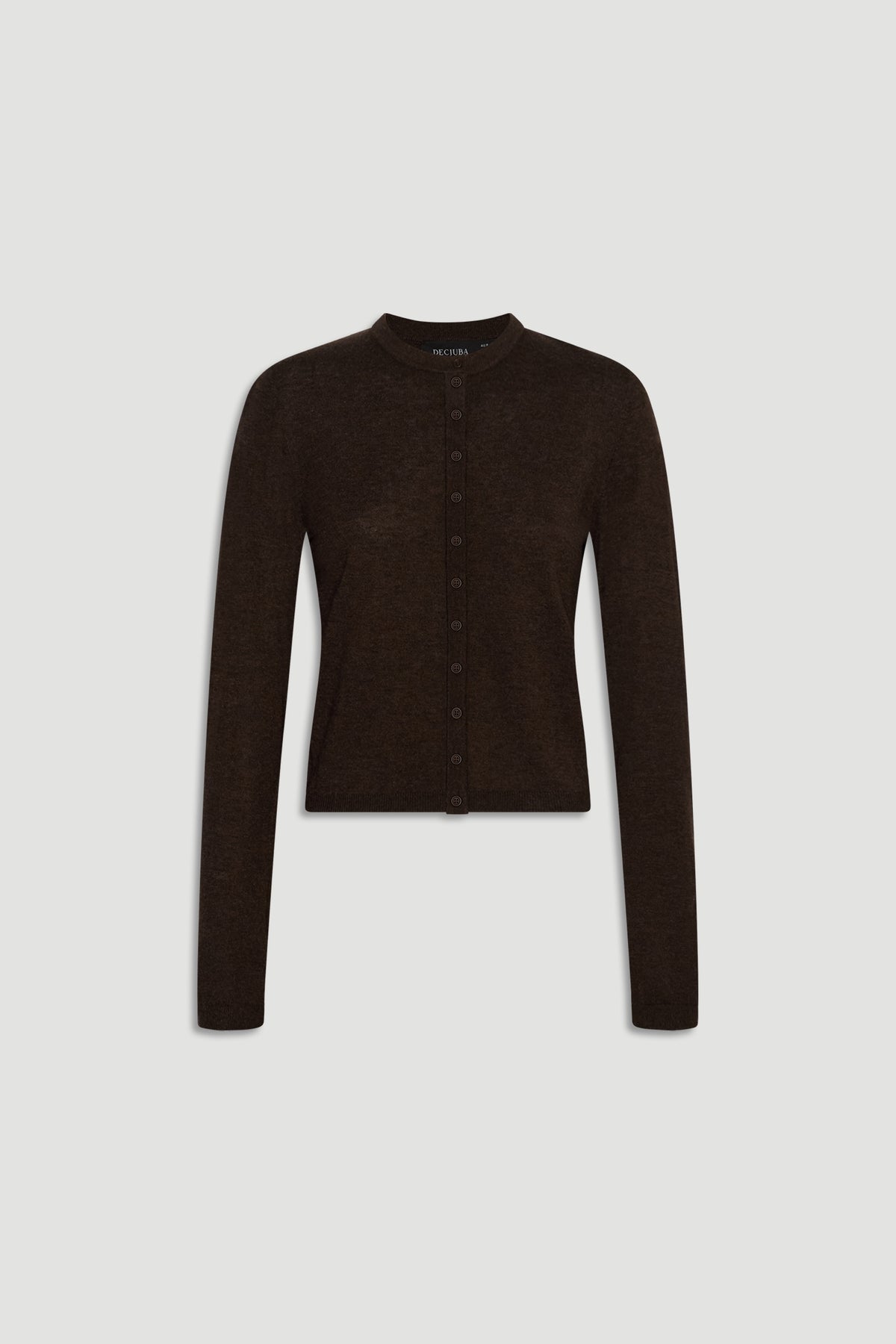 Bella Button Through Cardigan in rich chocolate brown with long sleeves and a classic round neckline by DECJUBA.
