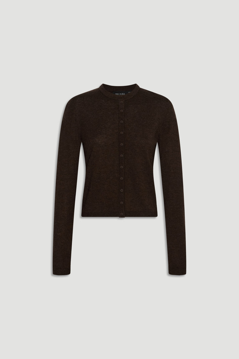 Bella Button Through Cardigan in rich chocolate brown with long sleeves and a classic round neckline by DECJUBA.