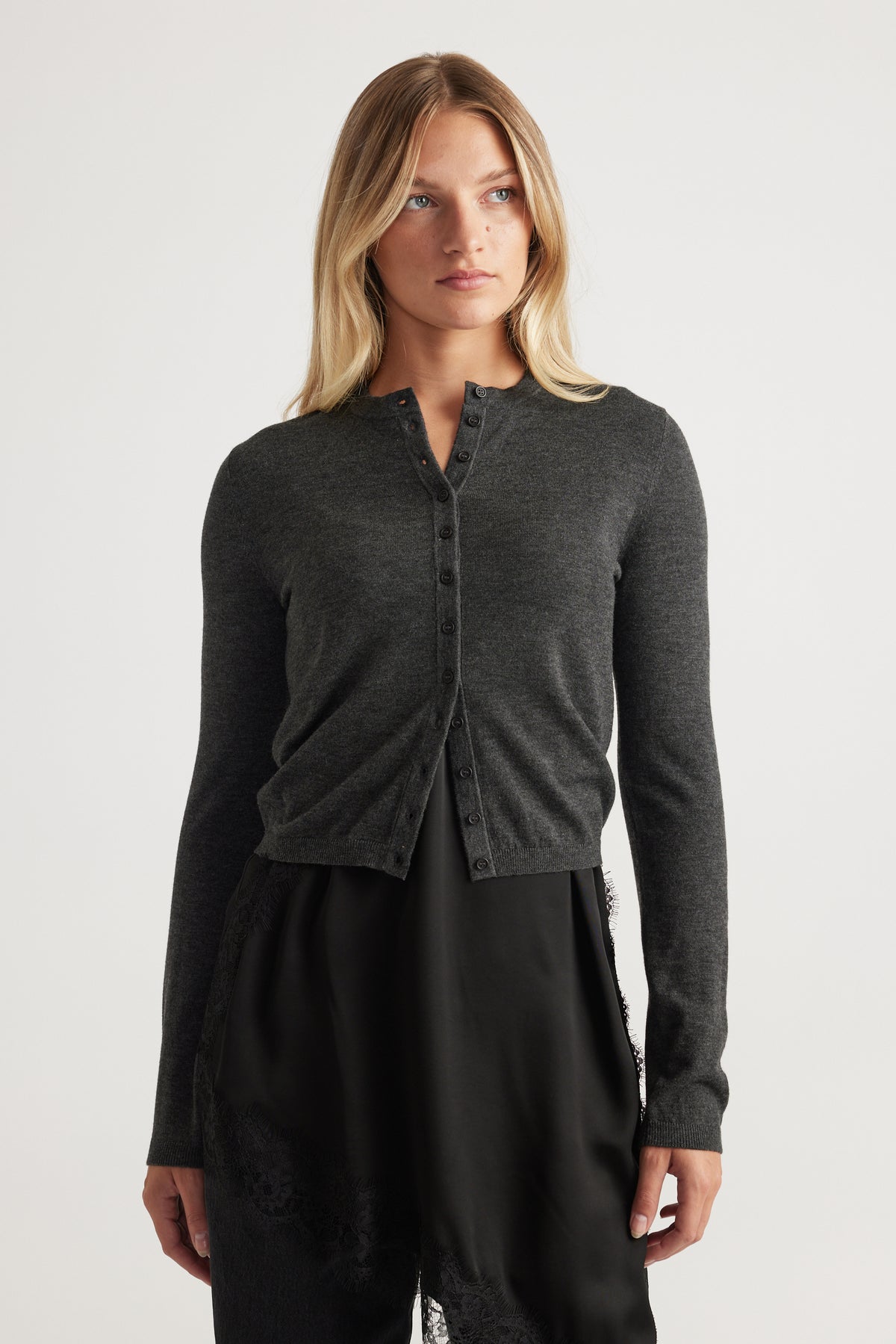 Bella Button Through Cardigan in deep charcoal knit with narrow silhouette and fine button detailing by DECJUBA.