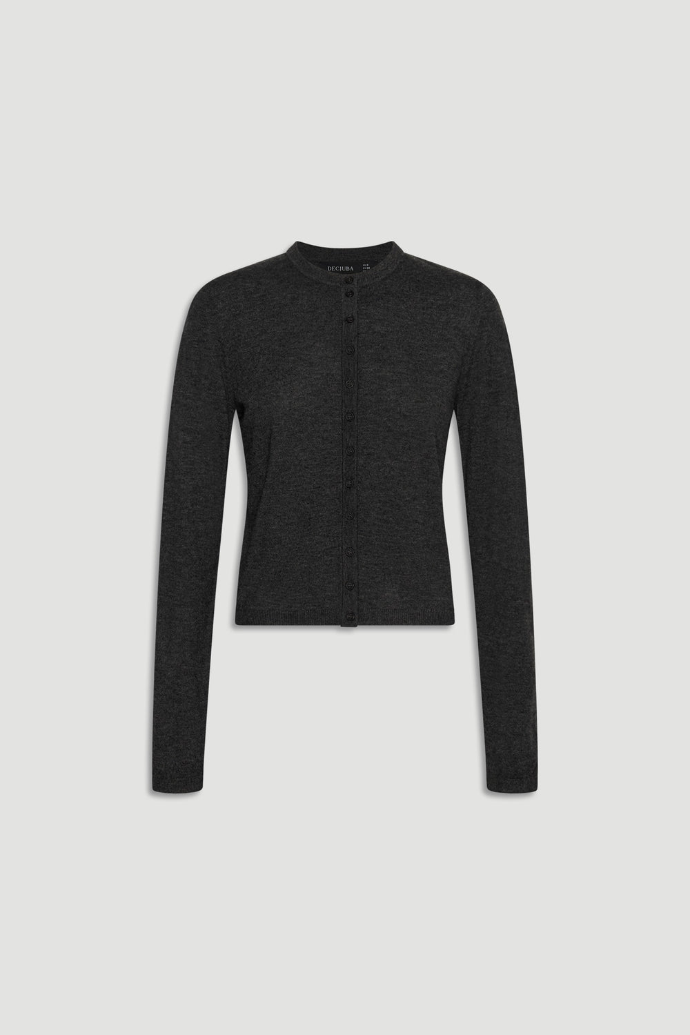 Bella Button Through Cardigan in dark charcoal knit with long sleeves and a subtle round neckline by DECJUBA.