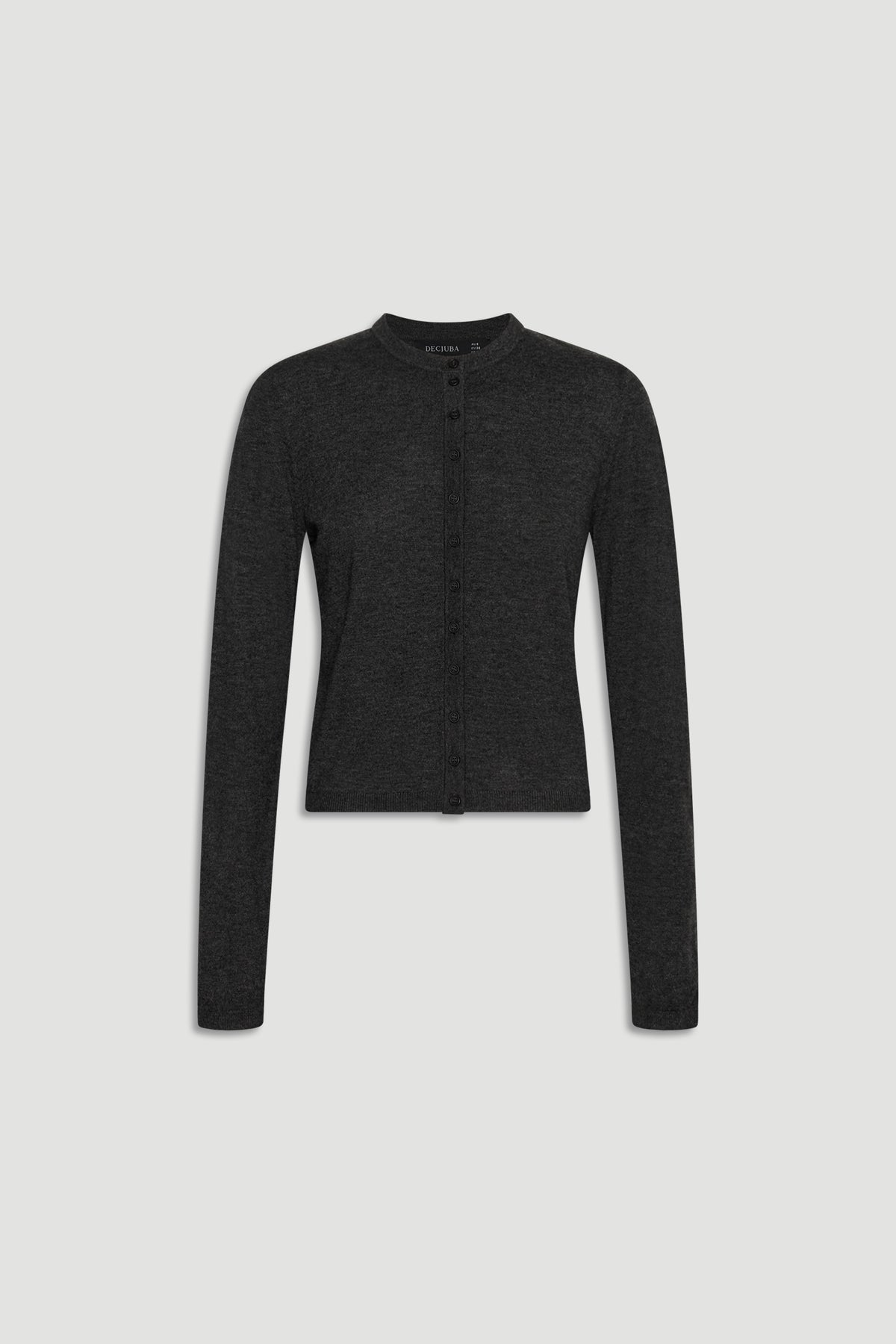 Bella Button Through Cardigan in dark charcoal knit with long sleeves and a subtle round neckline by DECJUBA.