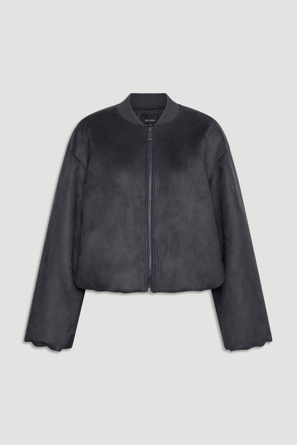 Eden Faux Suede Bomber Jacket in charcoal with smooth texture, relaxed fit, and subtle scalloped hem by DECJUBA.