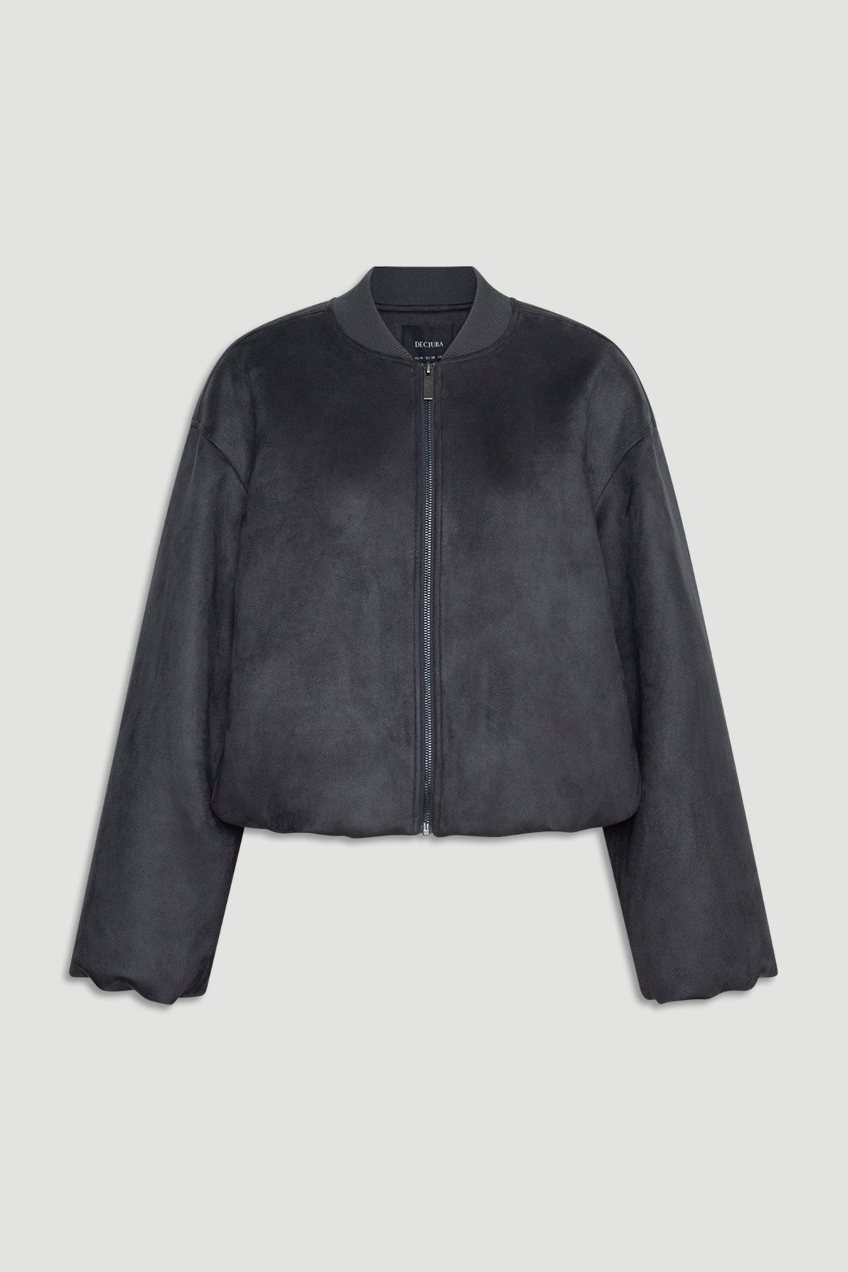 Eden Faux Suede Bomber Jacket in charcoal with smooth texture, relaxed fit, and subtle scalloped hem by DECJUBA.