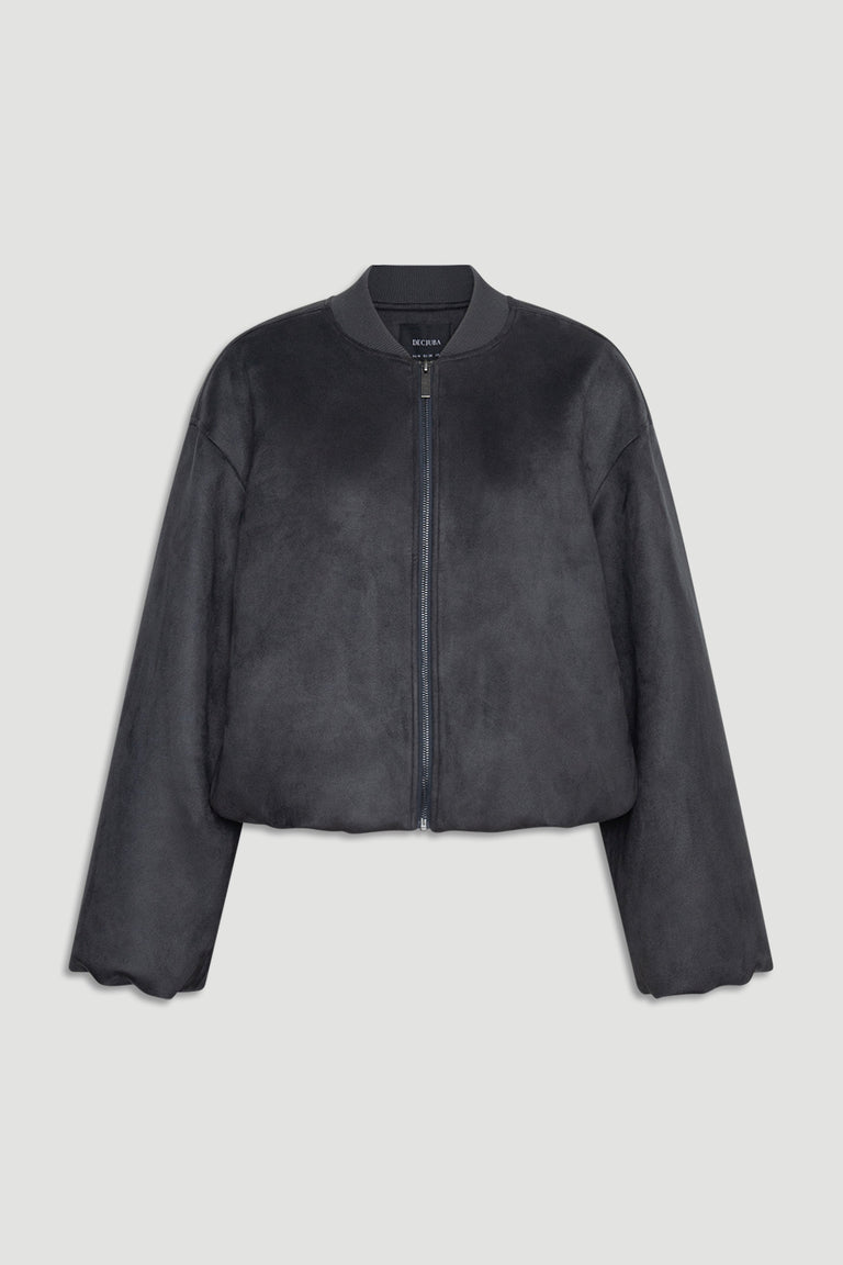 Eden Faux Suede Bomber Jacket in charcoal with smooth texture, relaxed fit, and subtle scalloped hem by DECJUBA.